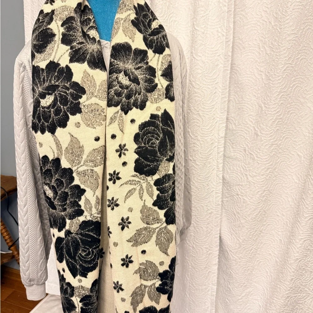 Large Floral Black and Cream Reversible Shawl,Scarf, Poncho.